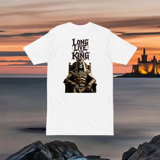 White premium t-shirt featuring gothic-style artwork of a golden skeleton king sitting on a throne with the graffiti slogan “Long Live The King” in bold red, white and black lettering