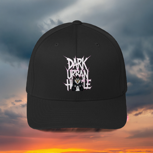 Dark Urban Hustle Flexfit cap featuring bold gothic print, premium streetwear accessory.